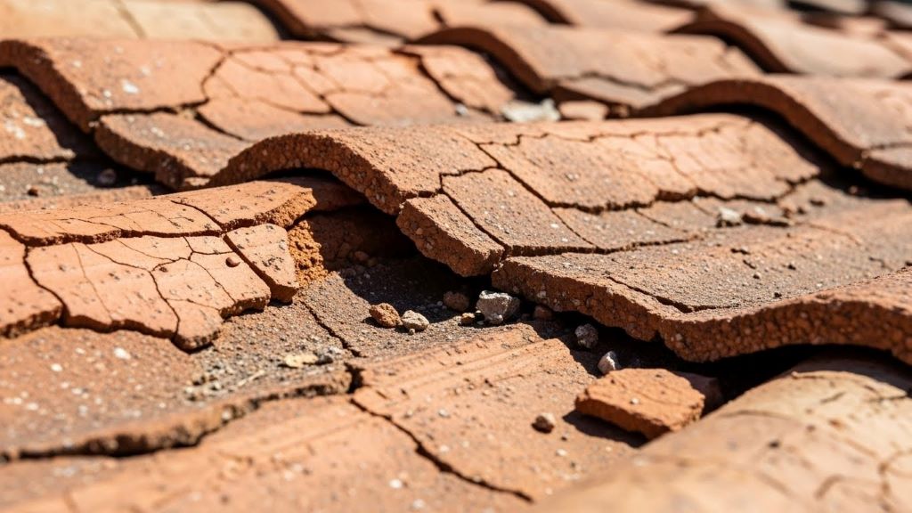 Cracked clay roof tiles with gaps between pieces demonstrating contraction damage from temperature changes
