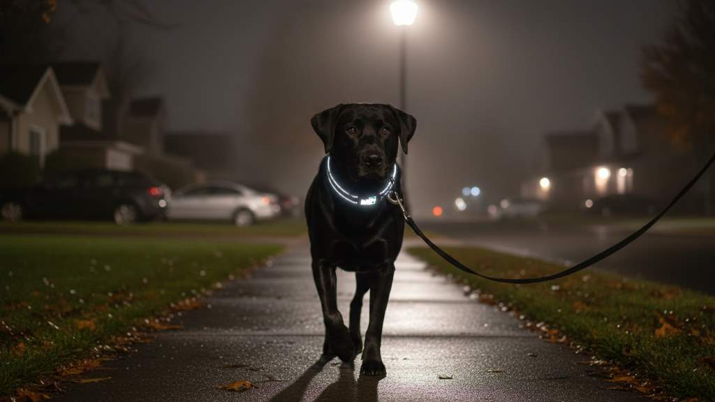 Dog wearing Black Rhino reflective collar glowing under streetlight during night walk