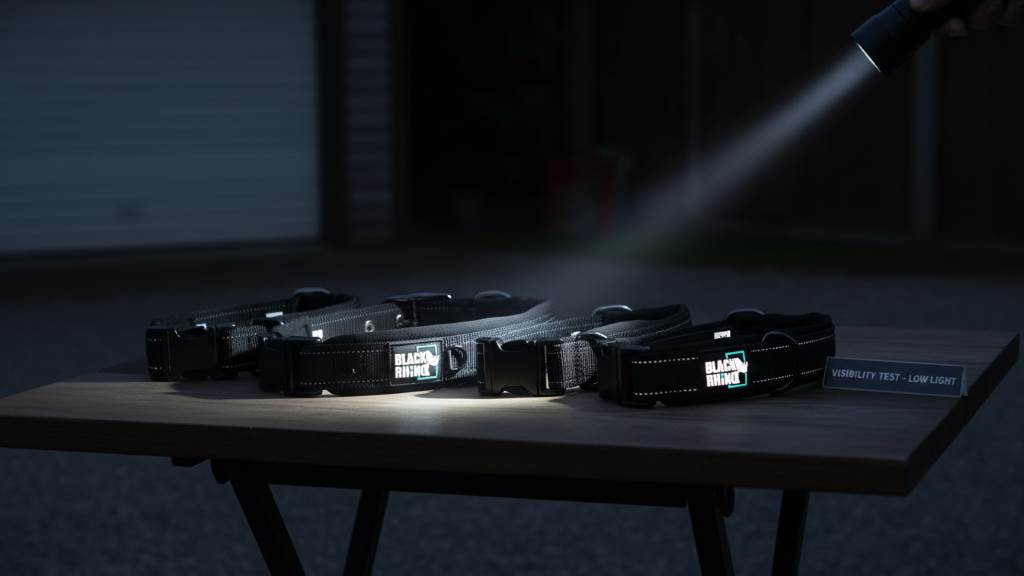 Group of top reflective collars displayed on a table with visibility test in low light