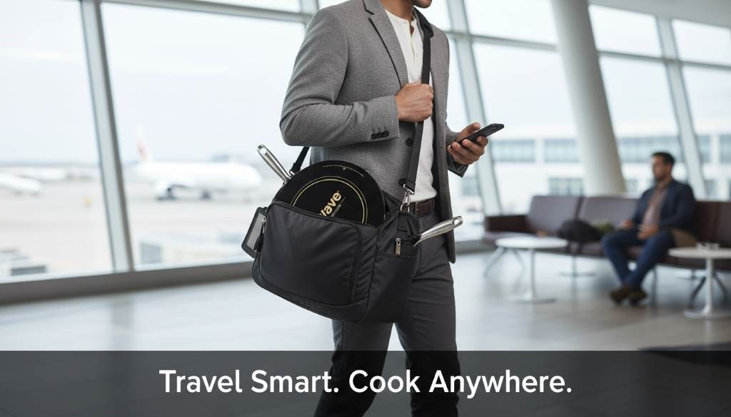 Person carrying lightweight induction cooktop in a bag, illustrating portability for travel or small kitchen use