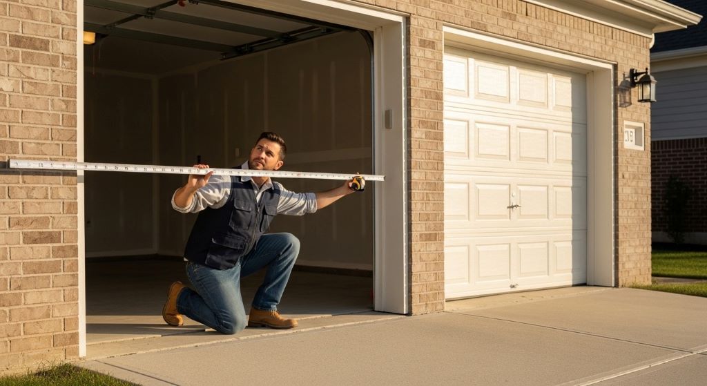 Contractor measuring garage door opening width with tape measure against residential home exterior for proper vehicle fit