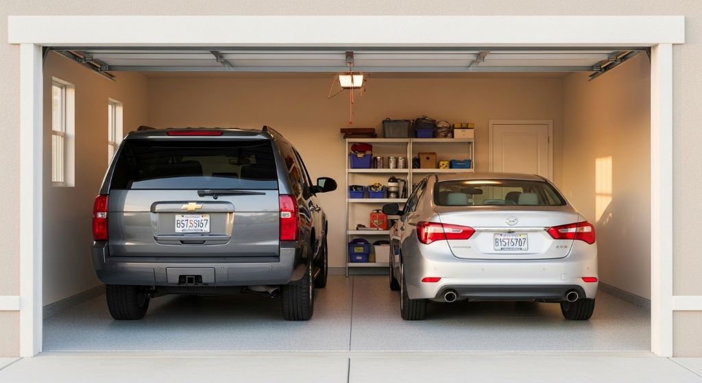 Two-car garage with open 16-foot white garage door showing SUV and sedan parked inside with adequate clearance space