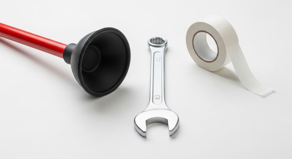 A set of leak repair tools including a wrench, plunger, and plumber's tape laid out on a white surface