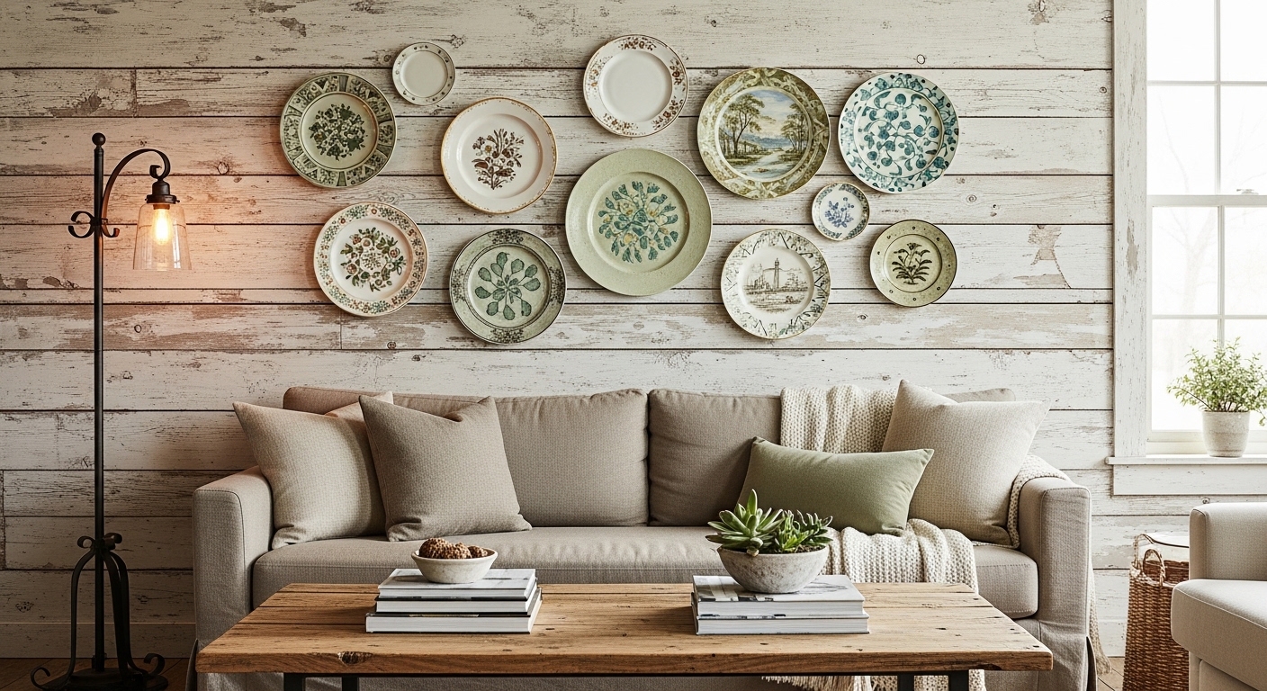 modern asymmetrical wall plate arrangement above console table