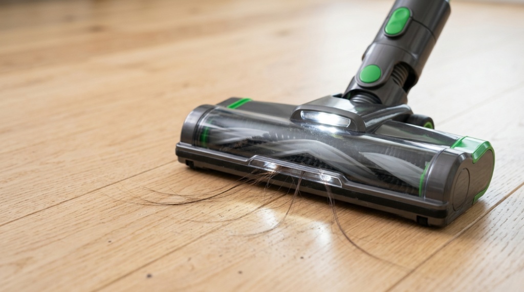 Close-up of a vacuum cleaner head suctioning long hair off a hardwood floor without tangling.