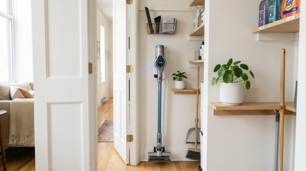 Compact stick vacuum stored on a wall-mounted charging station in a tiny apartment closet.