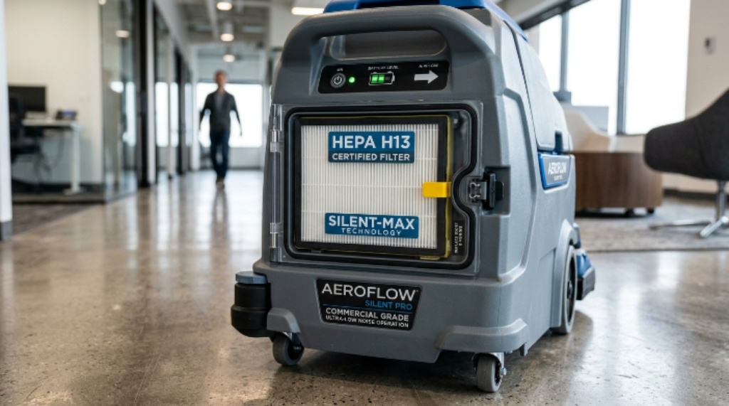 Close-up of a modern silent cleaning equipment unit with HEPA filter designed for commercial use