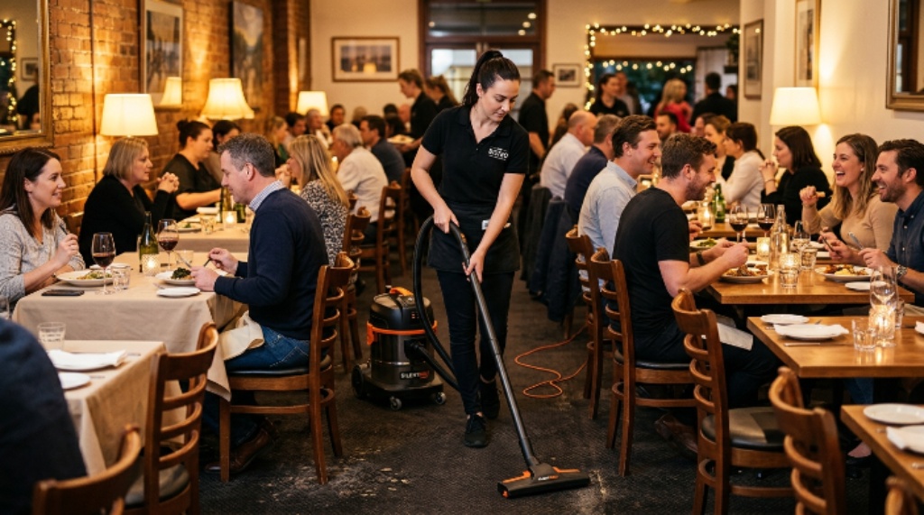 Staff member using a low noise vacuum cleaner between tables in a busy restaurant dining room