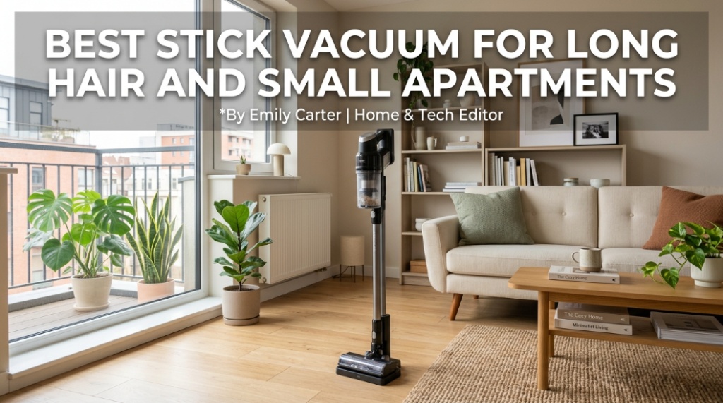 Sleek stick vacuum standing in a small modern apartment with article title text overlay.
