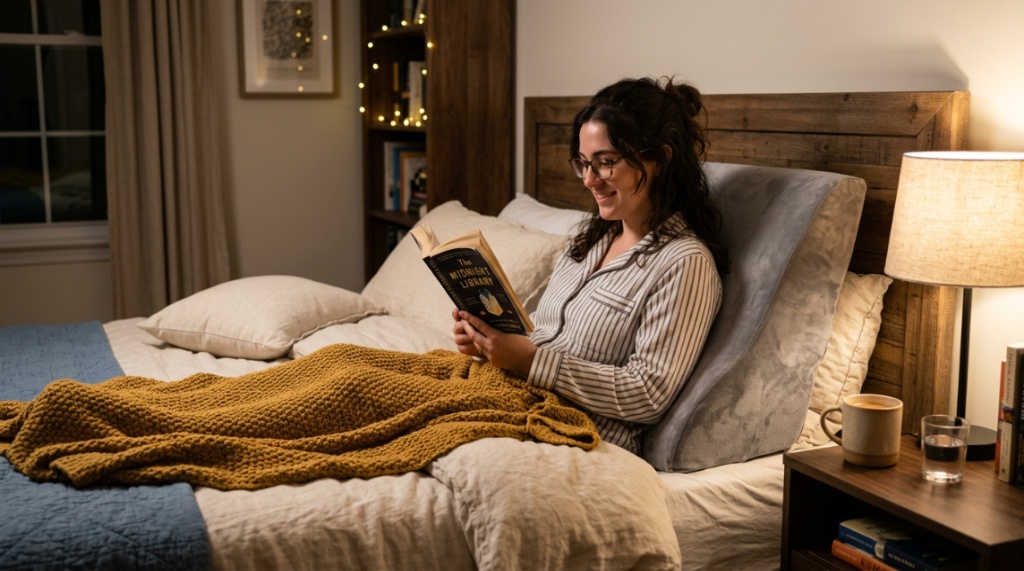 A relaxed person resting comfortably on an ergonomic bed wedge pillow in a bright bedroom.