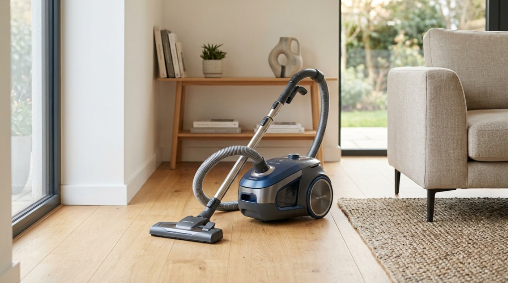 Canister vacuum wand reaching under a couch to clean dust.