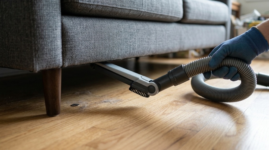 Sleek canister vacuum cleaning hardwood floors in a bright living room.