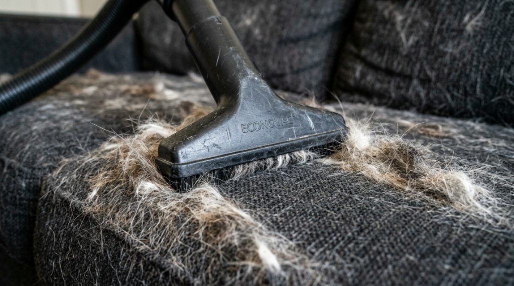 Vacuum nozzle cleaning pet hair from a fabric sofa.