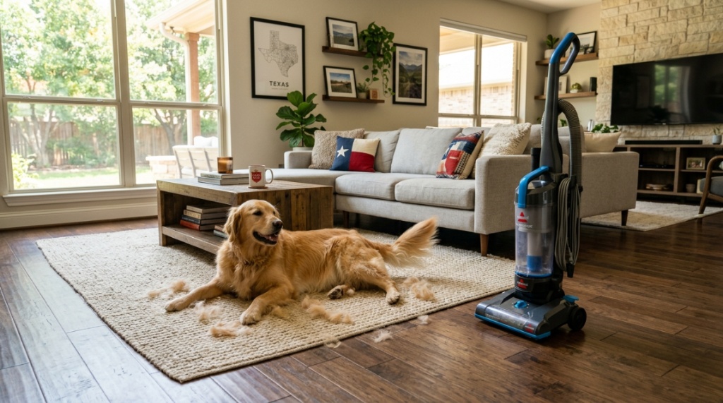 Golden retriever shedding fur on a living room rug next to a vacuum.